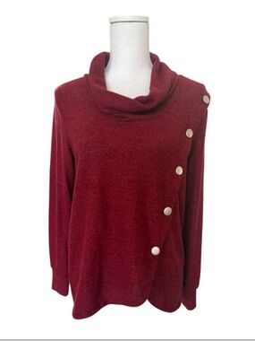Notations Wine Red Cowl Neck Sweater with Diagonal Button Detail Women PM